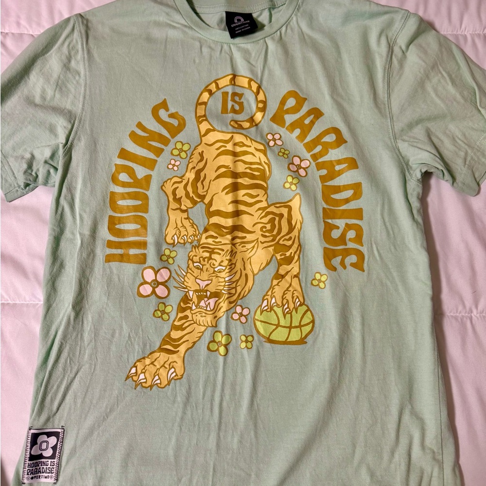 Overtime Men’s Green Graphic Tee with Tiger Print- size M